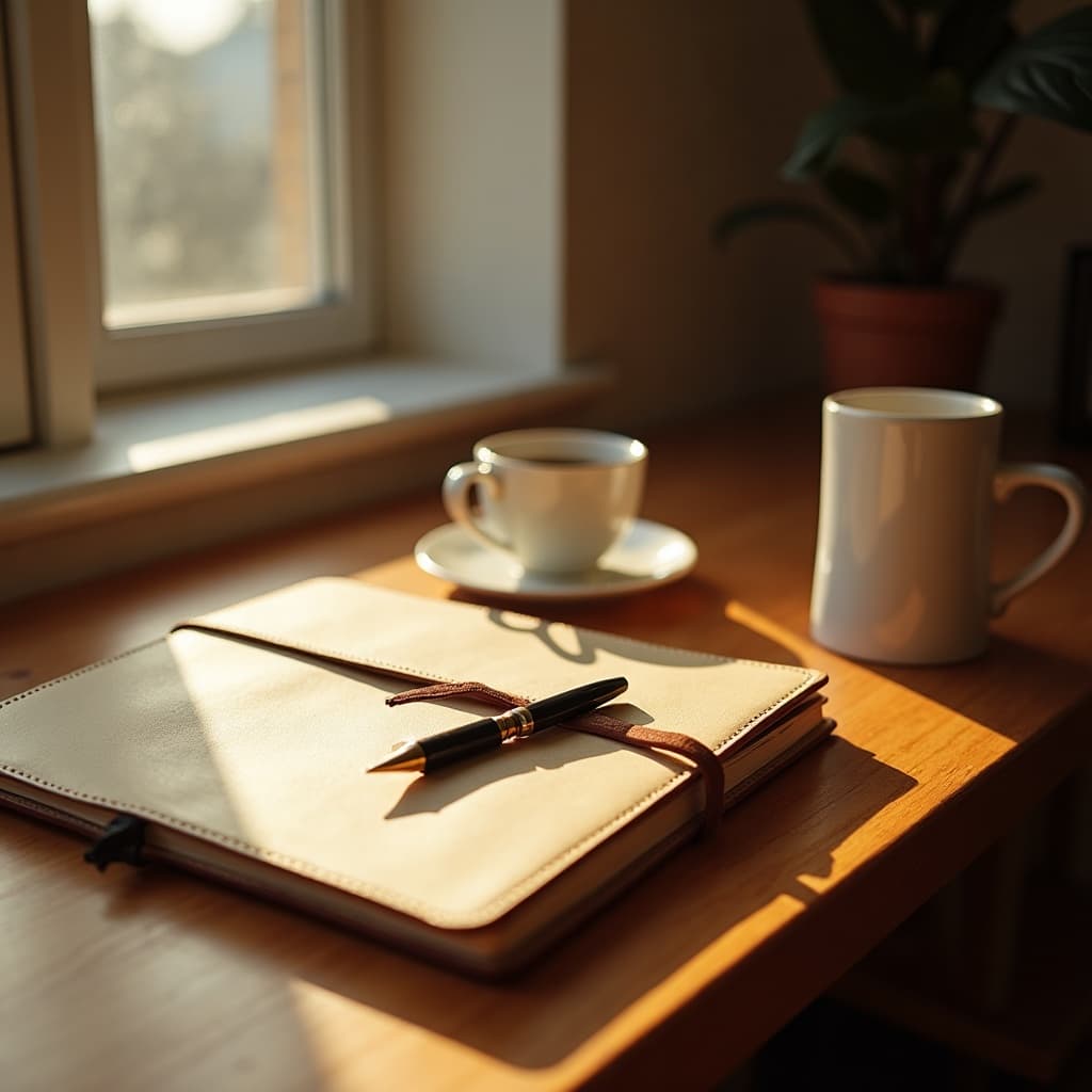 Warm-lit workspace with notebook and coffee — editorial photography